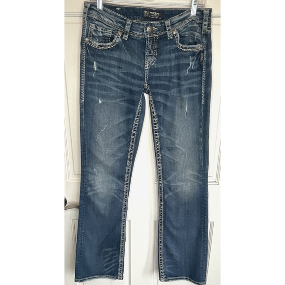 Silver Jeans Women`s Aiko Bootcut Jeans Sz 29X33L Thick Stitch Distress Cowgirl - Picture 1 of 16
